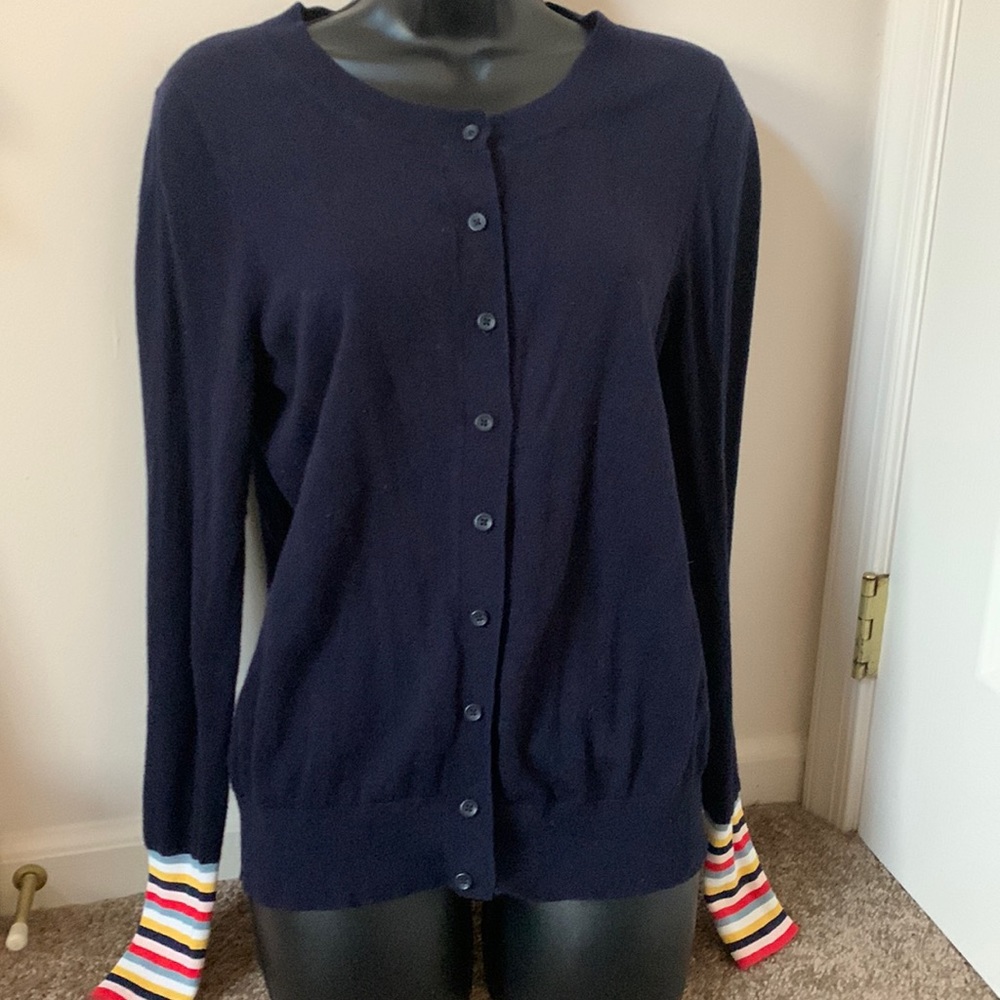 Boden cotton/wool blend rainbow embellished stripe, navy cardigan